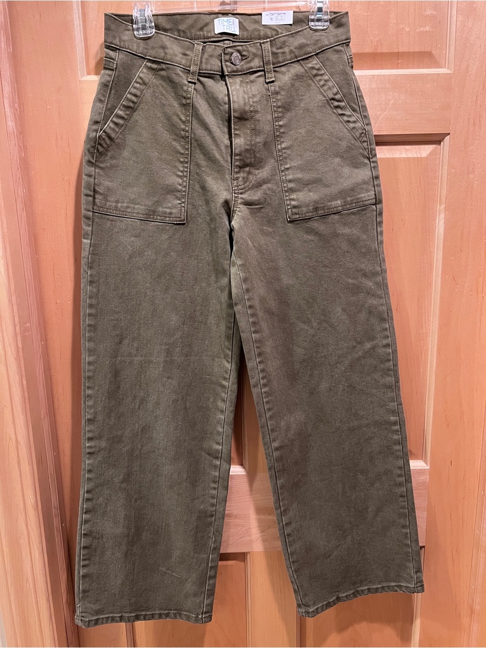 NWT Time & Tru Womens Washed Green Utility Pants Trouser Relaxed Fit High Rise 8